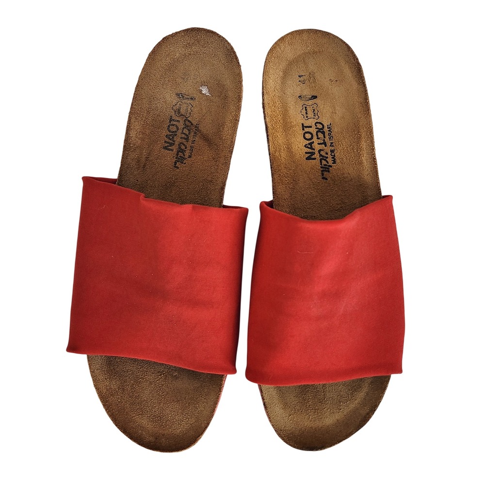 Naot Red Fabric Slide Sandals Cork Footbed Platform Mule Made in Israel Size 41